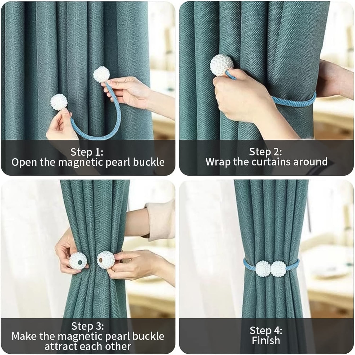 Two magnetic curtain tiebacks in use on patterned drapes