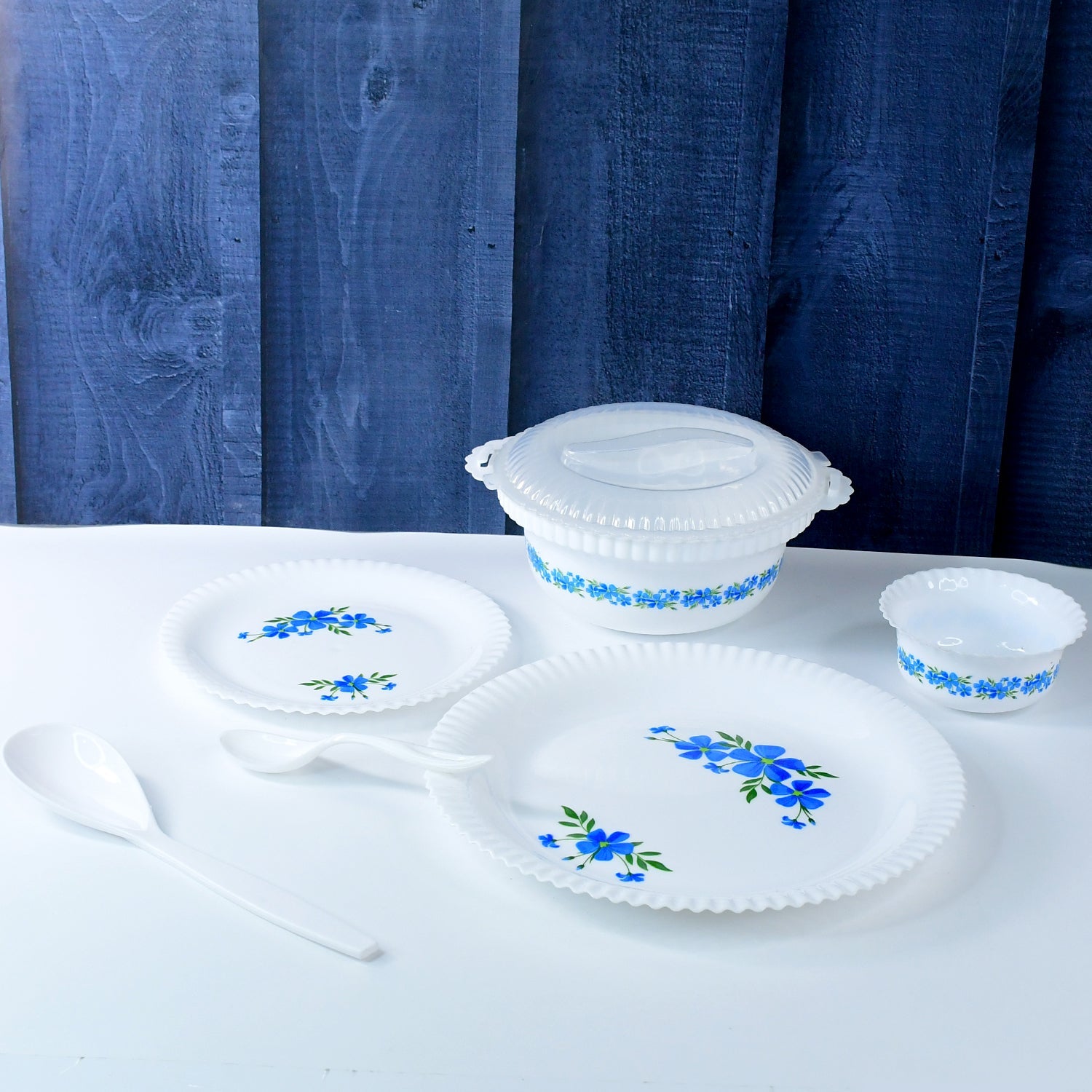Close-up of plastic dinner plate detailing blue flower design and texture