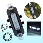 Rechargeable LED bicycle safety light mounted on a bike handlebar and seat post for visibility.