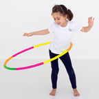 Colourful individual segments of the adjustable hula hoop set.