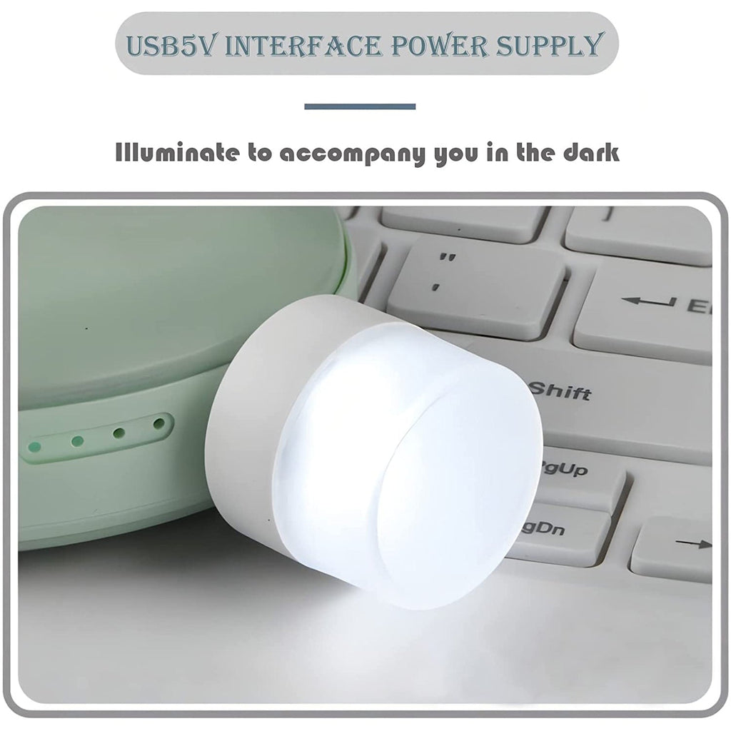 Close-up of a compact USB bulb emitting bright white light for room illumination.