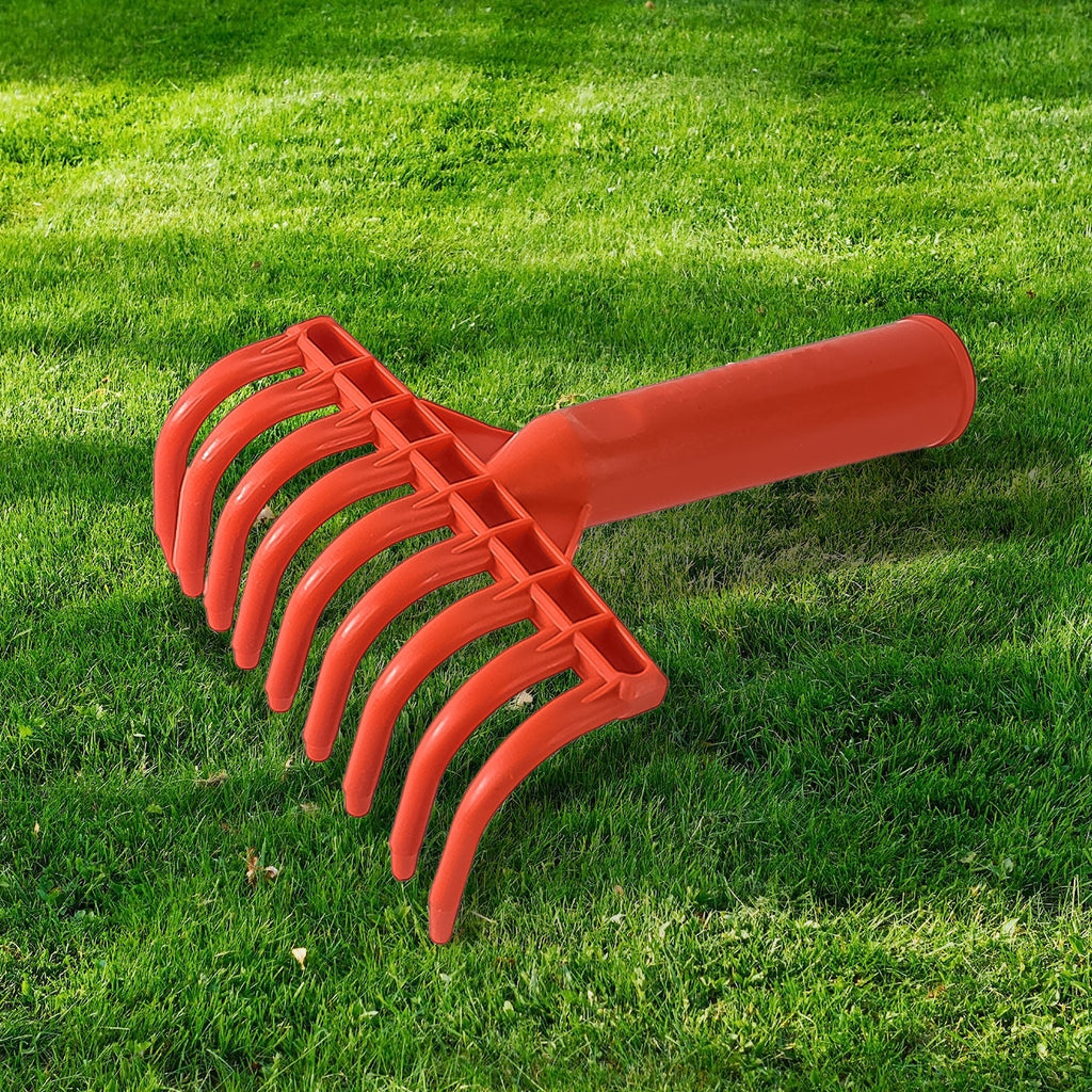 Close-up of heavy-duty plastic garden rake with 9 flexible prongs