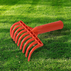 Close-up of heavy-duty plastic garden rake with 9 flexible prongs