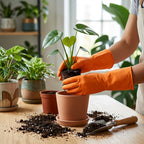 Kitchen cleaning with waterproof orange rubber gloves