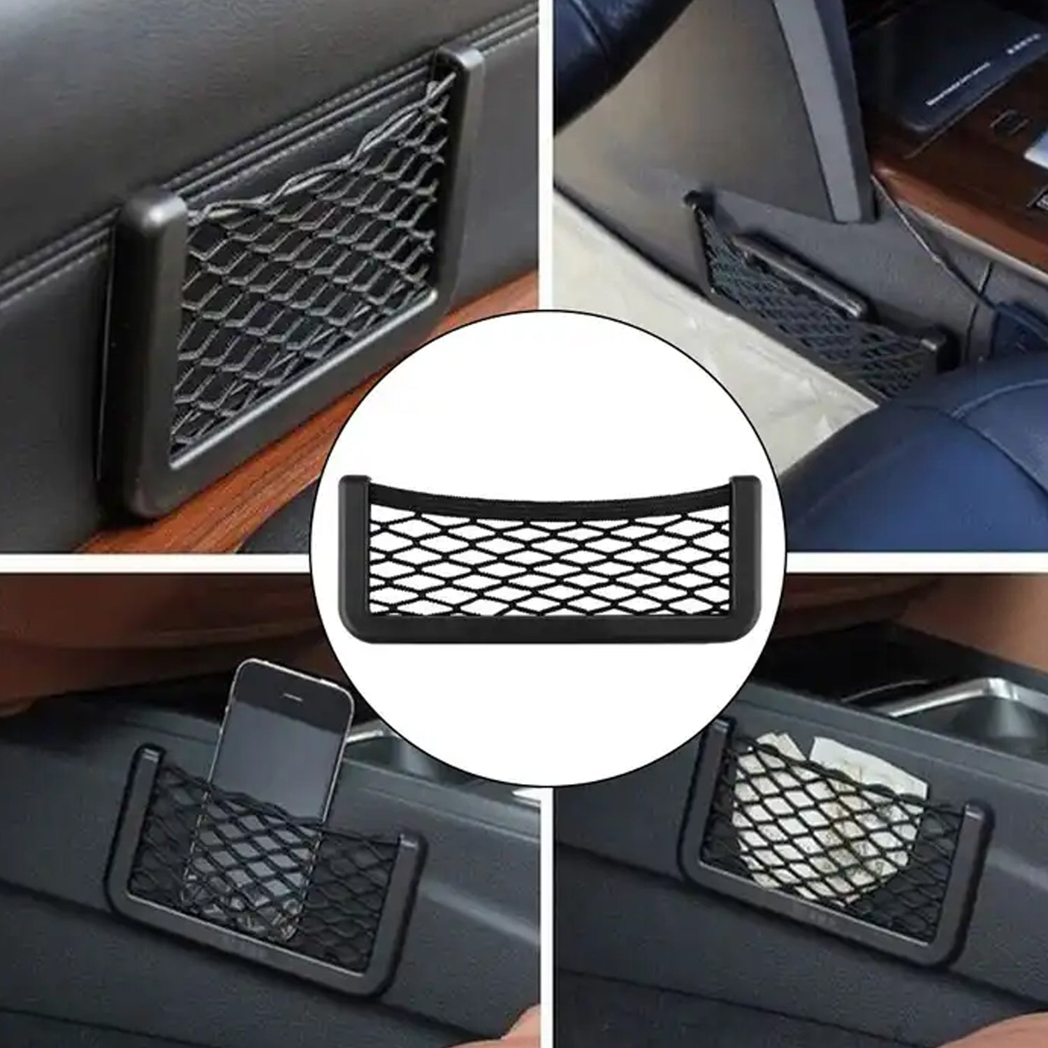 Close-up of the car seat organizer mesh, showcasing its elastic material.