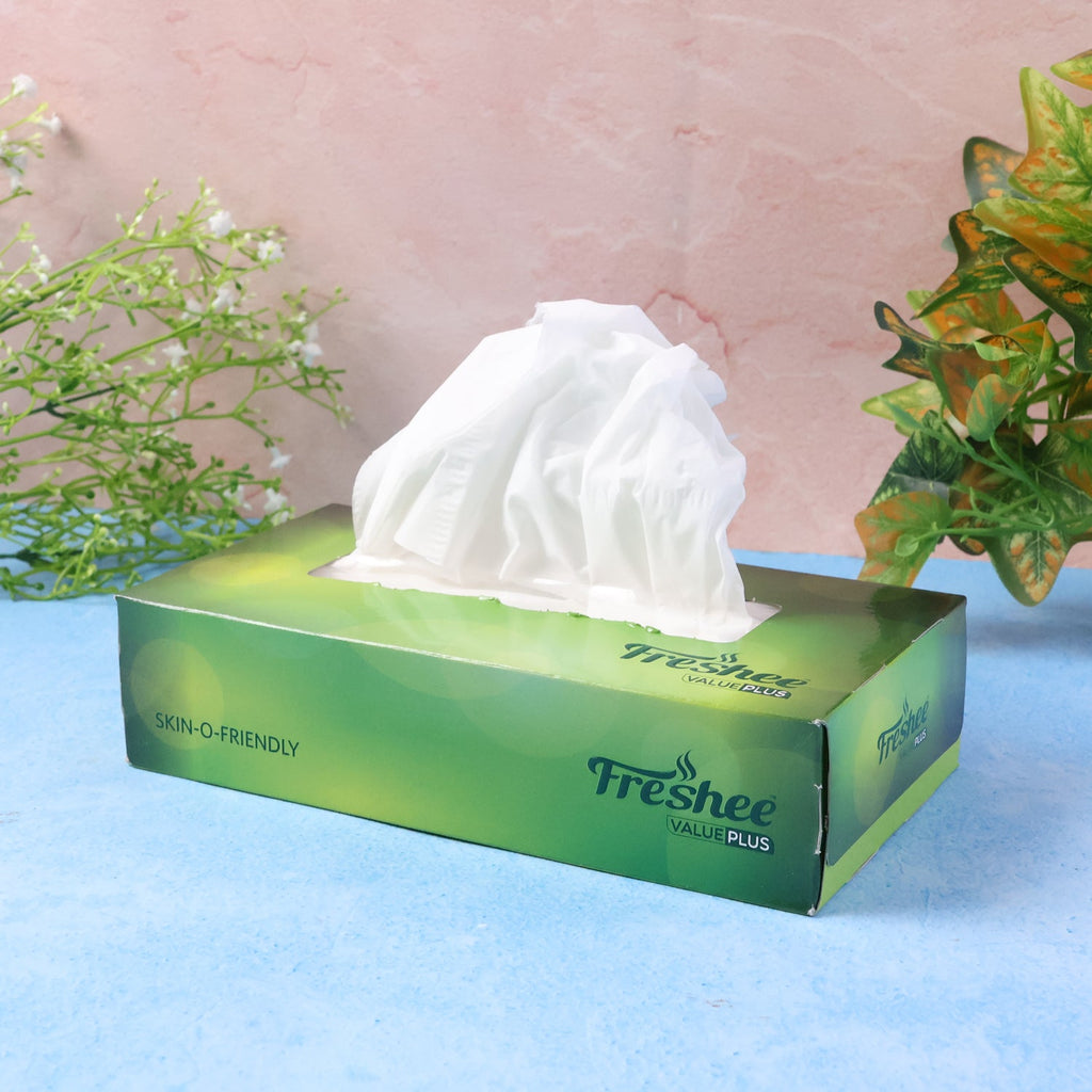 Close-up image of box of Freshee skin-friendly facial tissues