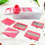 Compact storage of the multi-functional vegetable slicer components.