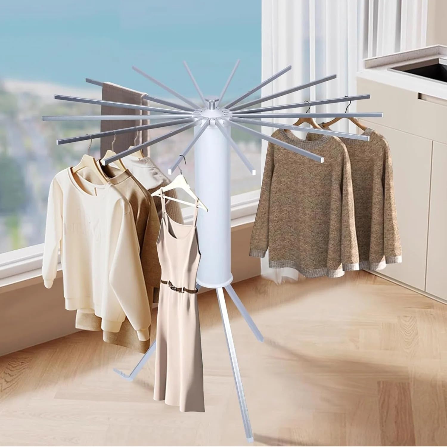 Foldable octopus clothes drying rack stand shown in compact storage position.