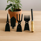 5 in 1 gardening hand tool set with wooden handles laid out