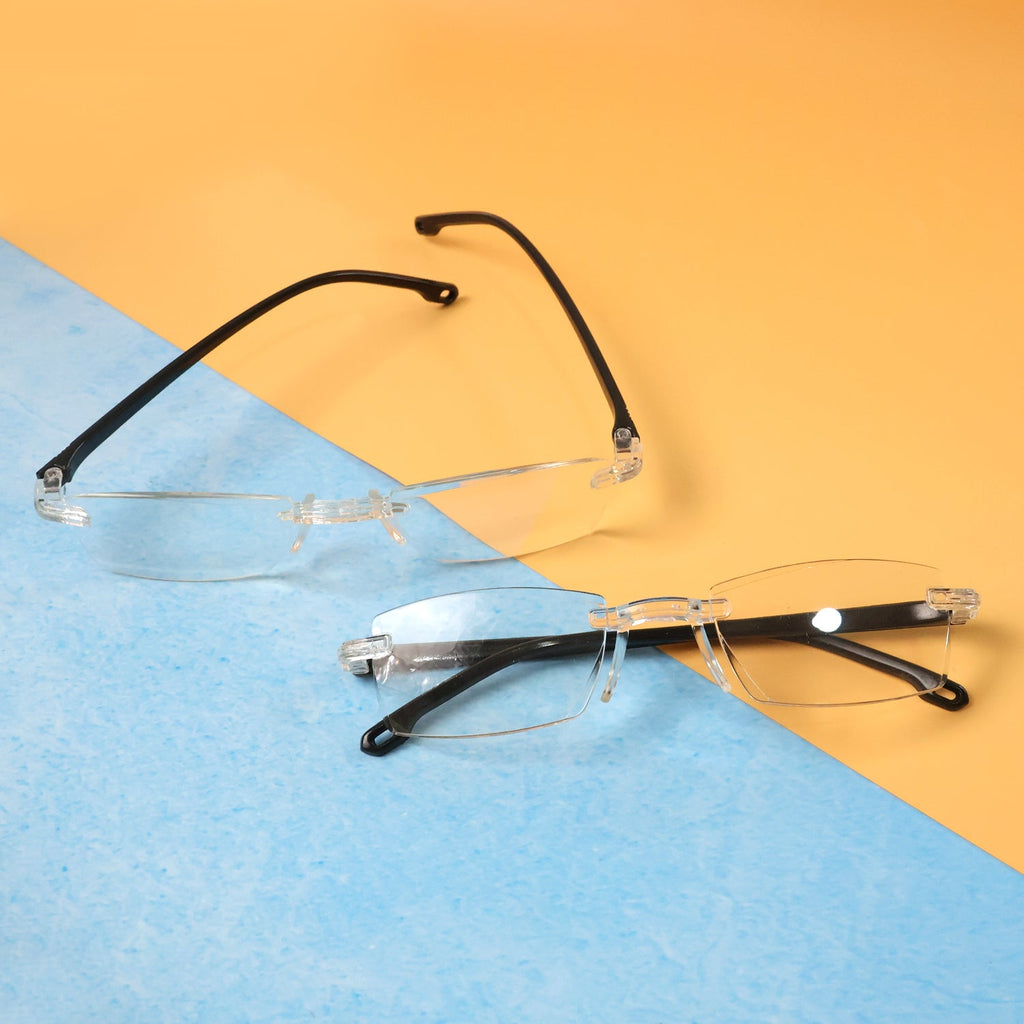 Close-up image of rimless reading glasses showcasing lightweight design and clear lenses