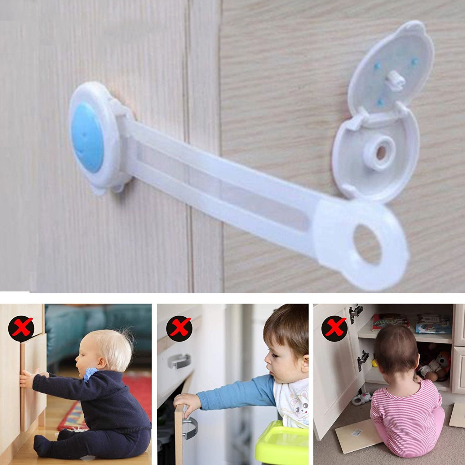 Hand demonstrating the easy click-open mechanism of the Dollovia child safety strap lock.