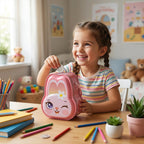 Pink bunny-shaped metal piggy bank with lock and key for kids