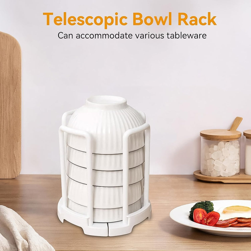 Close-up of the plastic kitchen bowl rack with air-drying dishes, showing drainage design.