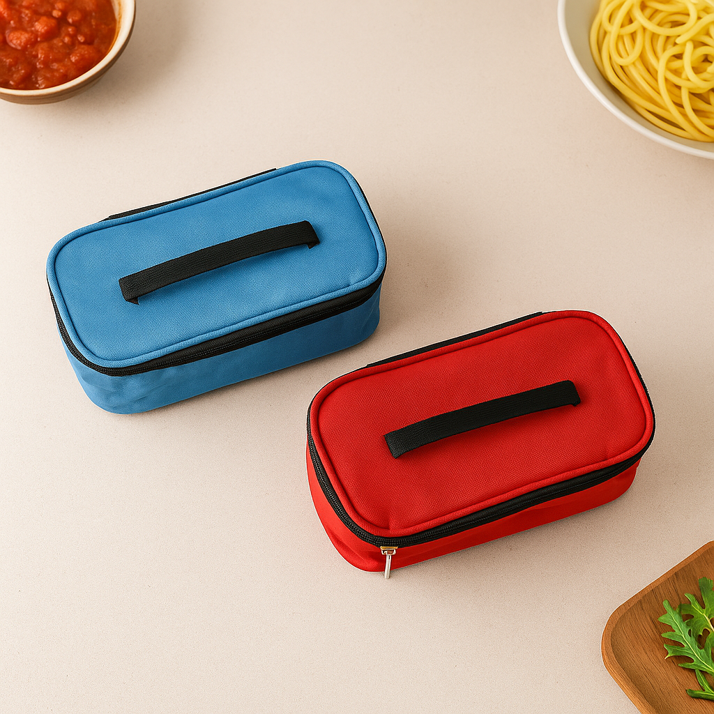 Compact insulated lunch bag revealing its thermal lining.