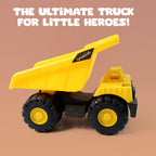 Brightly coloured friction-powered toy dump truck for kids' imaginative play