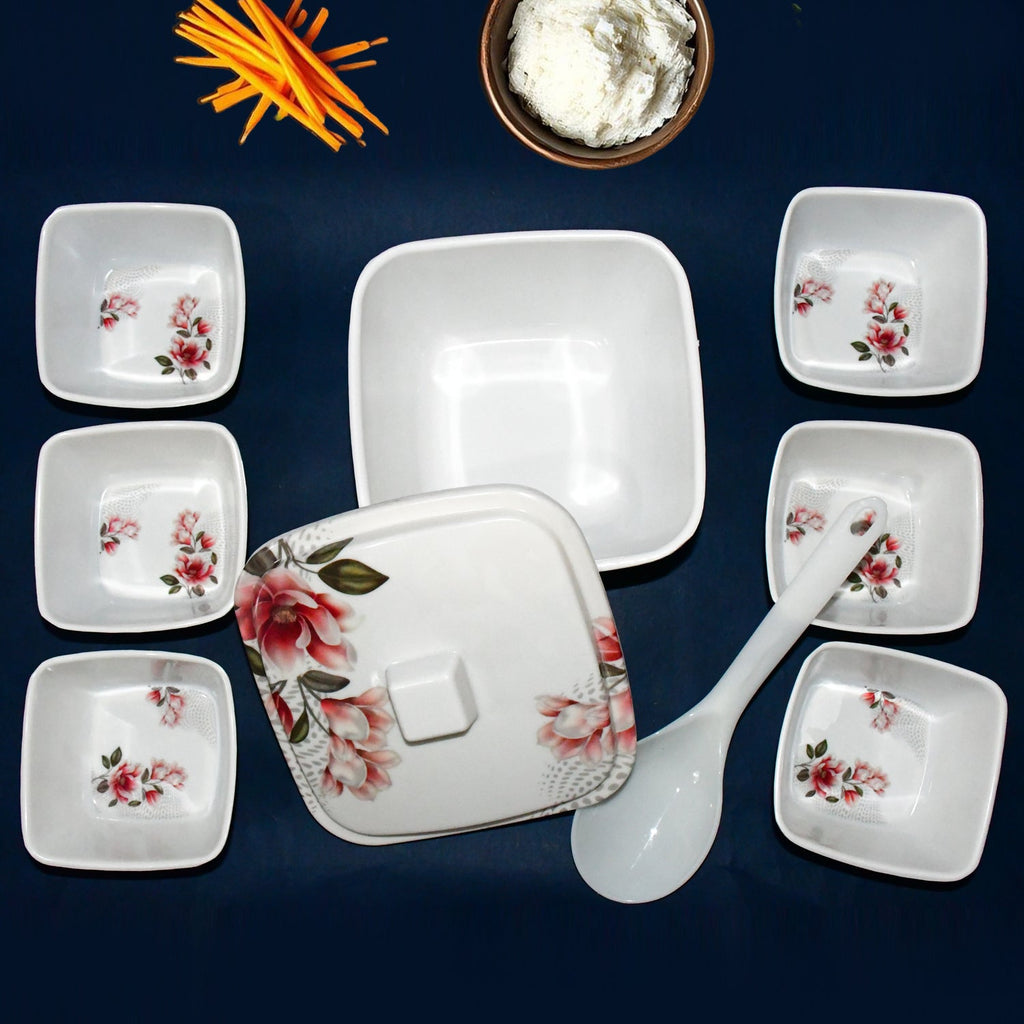 The complete Hector 9-piece plastic dinner set, highlighting its stackable design.