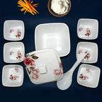 The complete Hector 9-piece plastic dinner set, highlighting its stackable design.