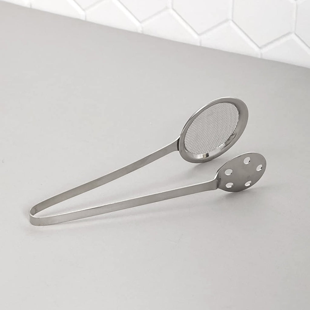 Polished steel serving tong with dual mesh and perforated sides for draining food
