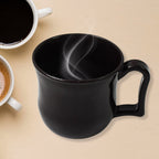 Side view of the reusable black plastic mug, ideal for hot and cold beverages.