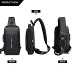 Comparison image highlighting key anti-theft sling bag features and USB charging port