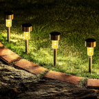 Outdoor solar-powered LED garden light showcasing stainless steel design