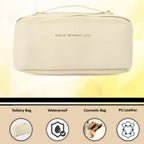 Travel organizer makeup bag with sturdy stitched handle for carrying