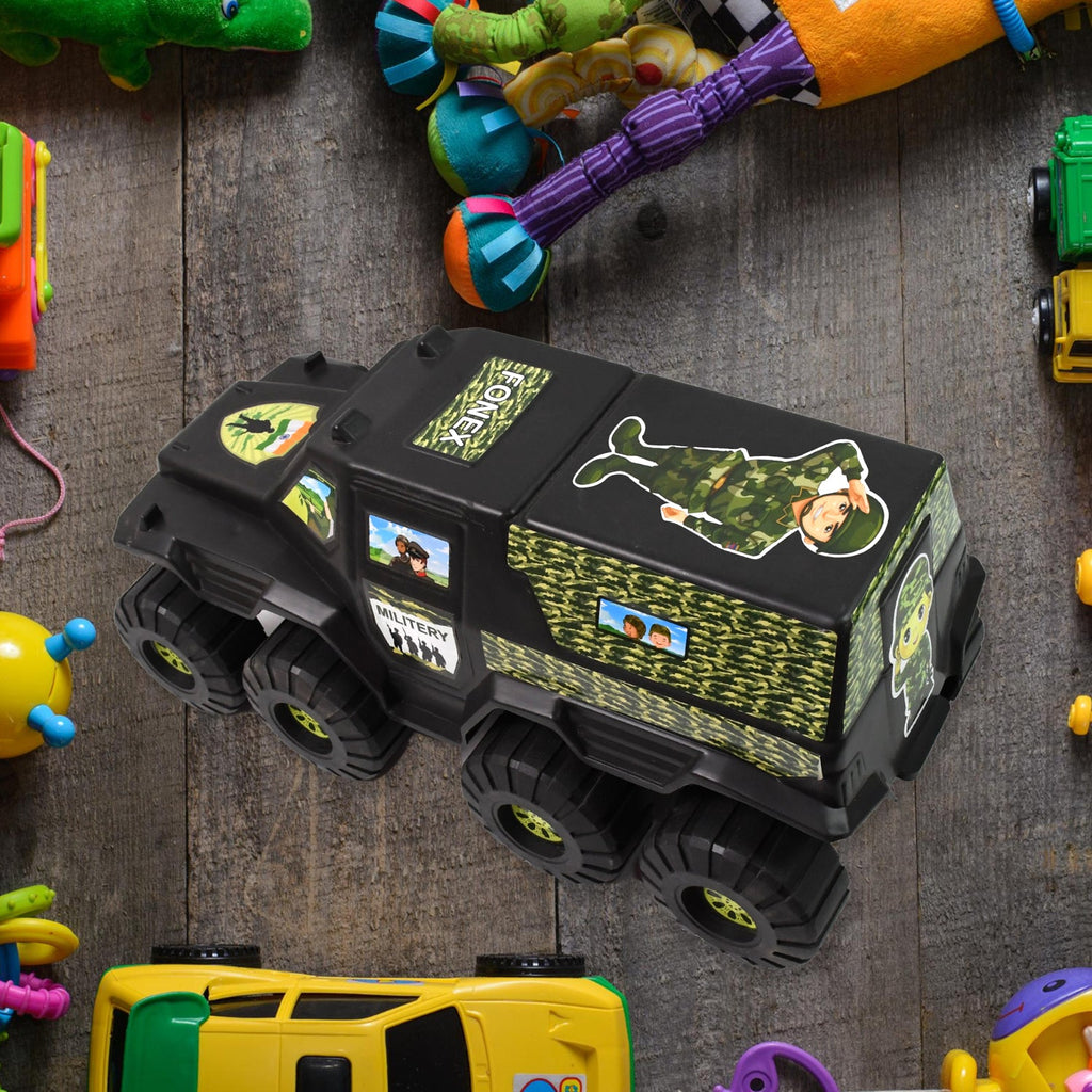 Rear view of the large plastic military vehicle toy.
