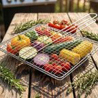 Outdoor barbecue grill basket on grill with various foods