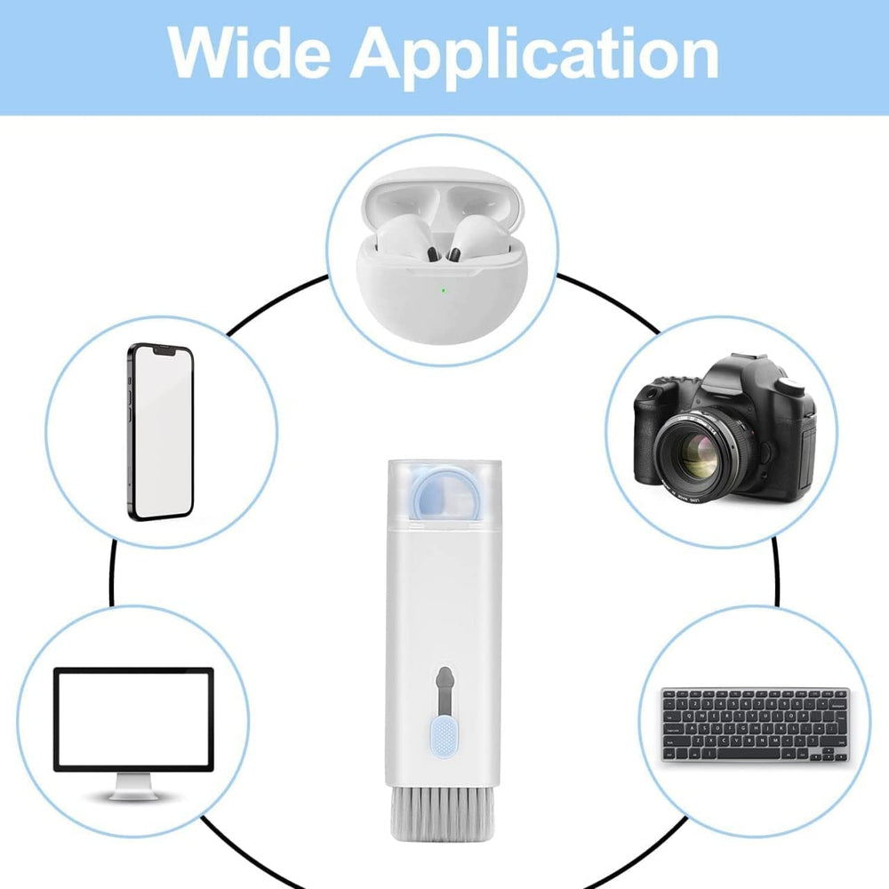 Detailed view of the AirPods cleaning pen removing dirt from earphone speaker mesh.