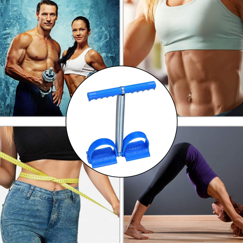 Woman stretching her back and improving flexibility with the foot pedal resistance band.