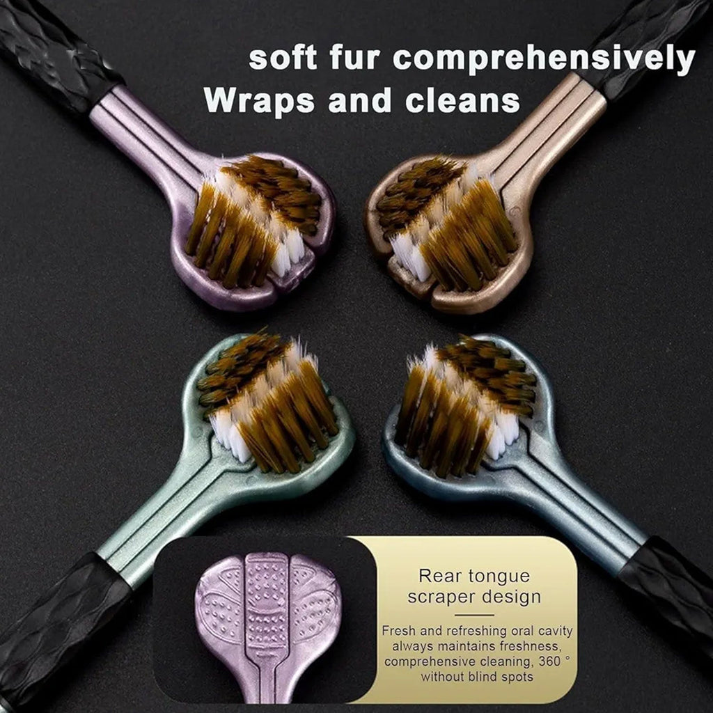 Ergonomic handle and triple-head design of the 3-Sided Toothbrush for easy grip.