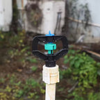 Rotating plastic spray nozzle distributing water evenly across plants.