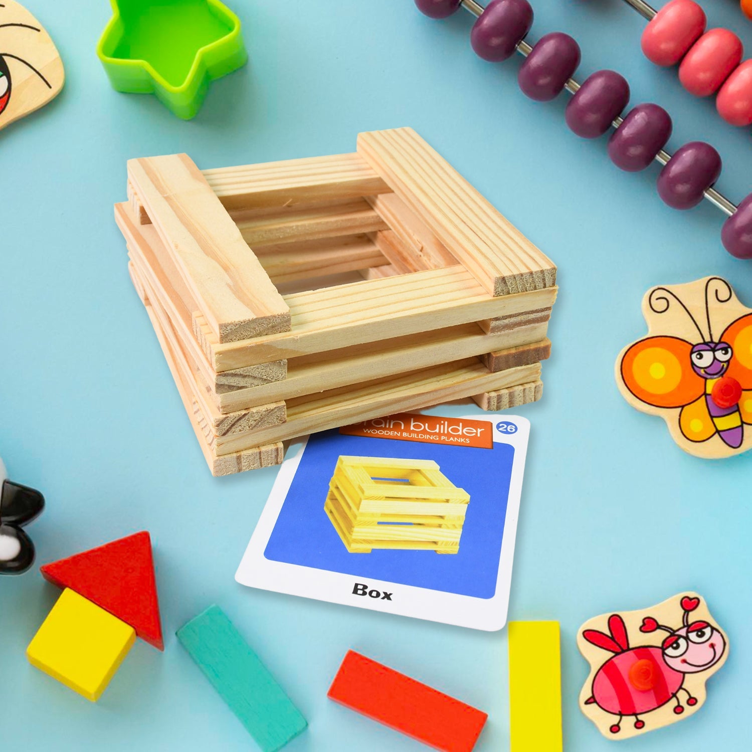 Kids assembling a colorful wooden pattern puzzle with various shapes.