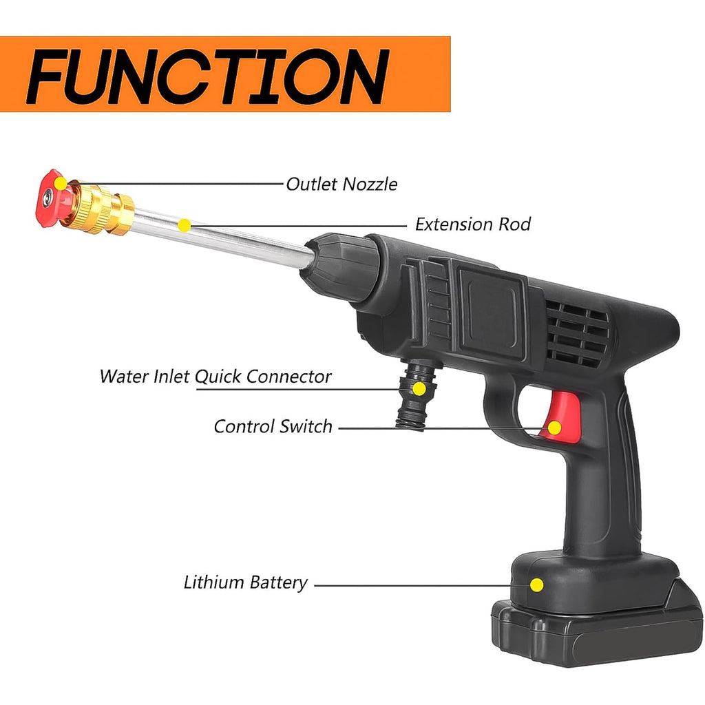The 48V cordless washer gun cleaning a car, emphasizing its high-pressure capability.