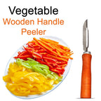 Essential kitchen vegetable peeler featuring an ergonomic wooden handle for comfort.