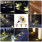 Top view of solar powered LED garden light lens exhibiting solar panel and LED setup