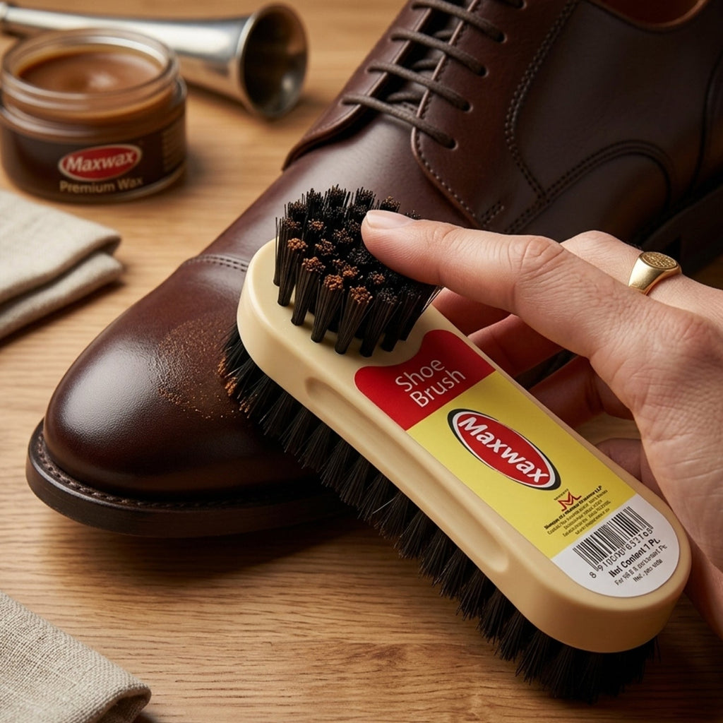 Footwear cleaning brush tool suitable for leather, sneakers, and other casual shoes.