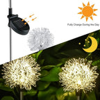 Close-up of solar garden light featuring intricate dandelion flower design