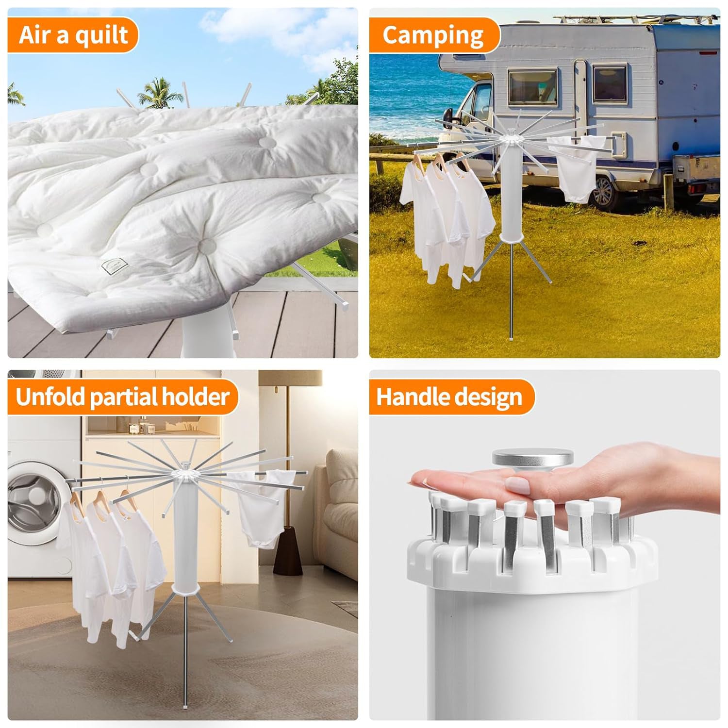 Rotating clothes drying stand with multiple arms for efficient airflow and quick drying.