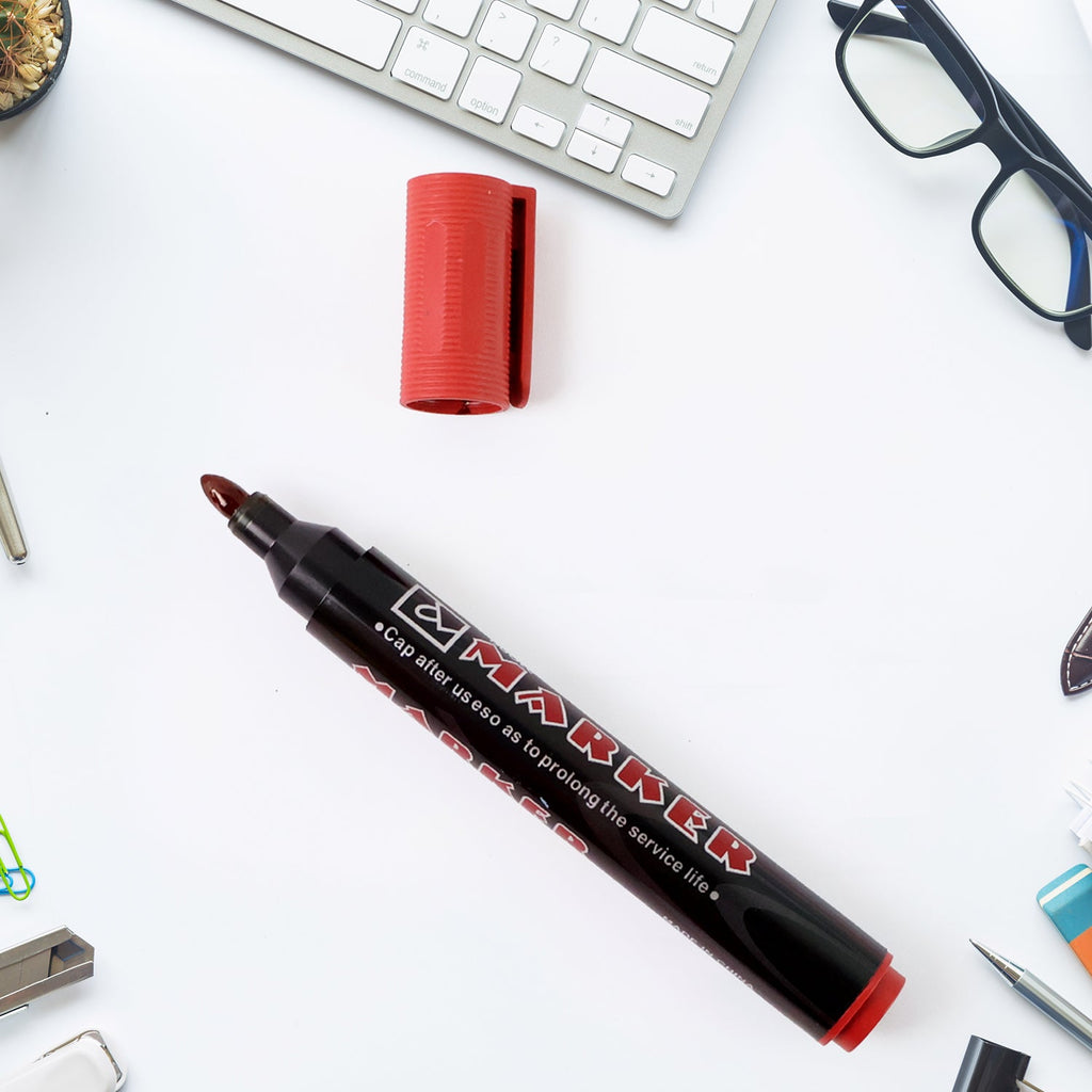 Close-up of red permanent ink marker pen with durable tip