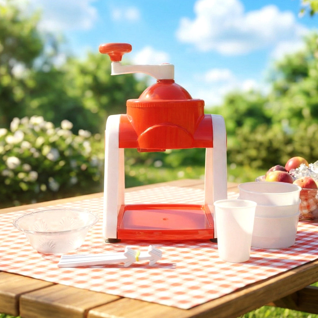 Red ice slush maker handle and sturdy plastic base for stability