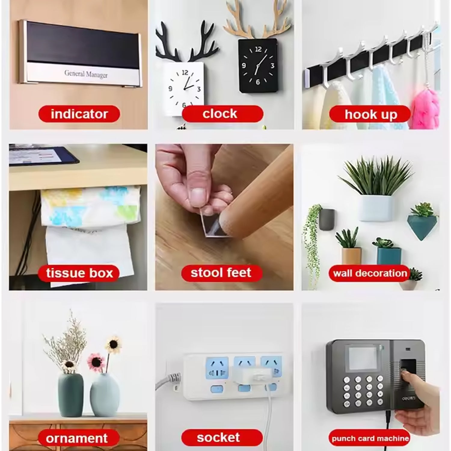 Double sided foam mounting tape applied in office and home organization setups.