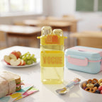 Close-up of the leakproof lid and integrated straw on the girls plastic water bottle.