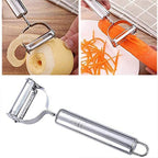 Components of stainless steel 3-in-1 peeler set displayed for kitchen prep