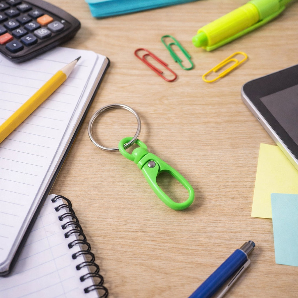 Mini durable plastic carabiner keychain clipped onto a backpack strap.