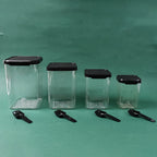 Top view of clear plastic airtight food storage container with spoon inside