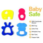 Yellow silicone teether with an easy-to-grasp handle for infant hands.