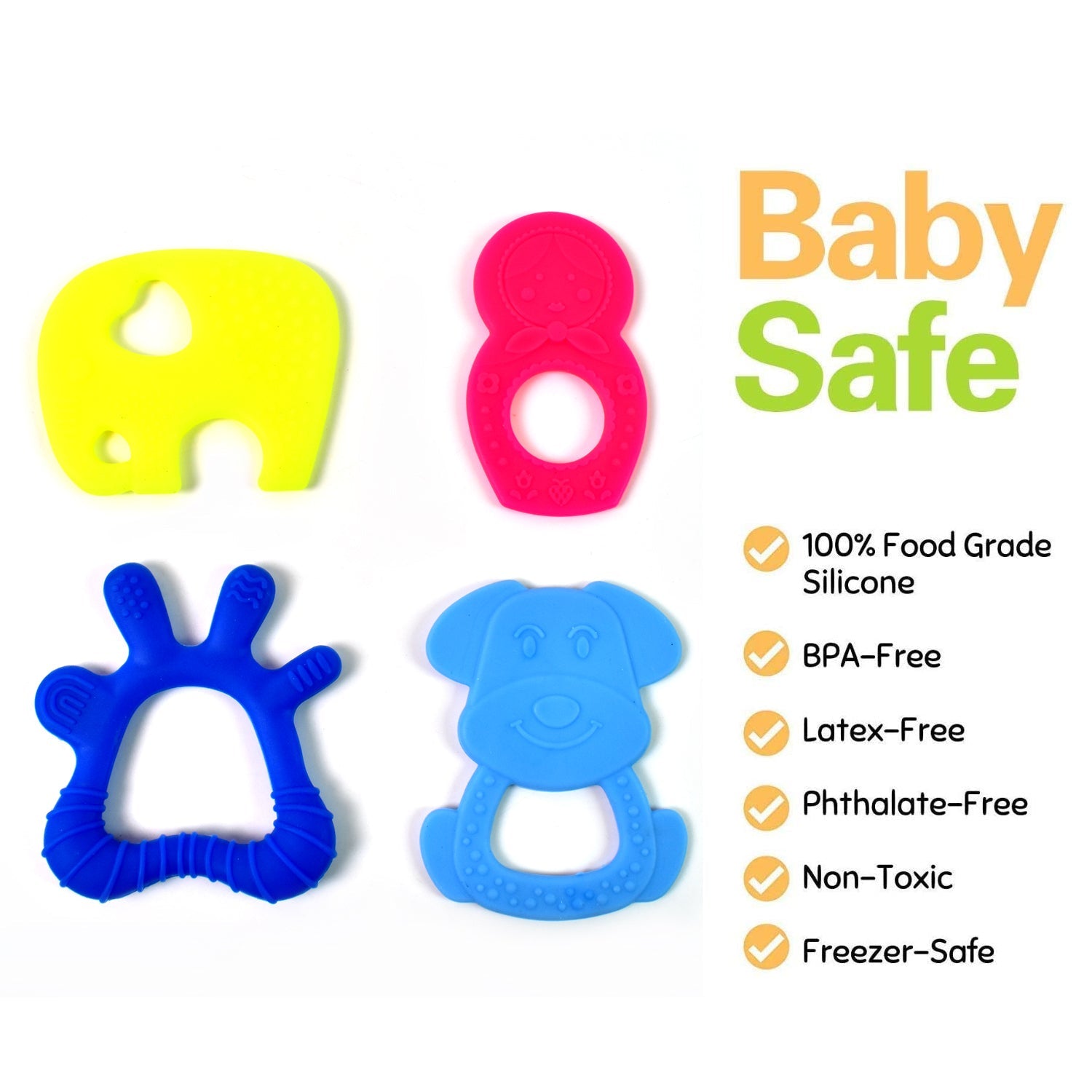 Yellow silicone teether with an easy-to-grasp handle for infant hands.