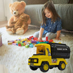Bright yellow unbreakable toy truck, an oil tanker with blue details, ready for play.