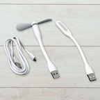 The Portable USB Fan Set components laid out, including the fan, light, and micro USB cable.